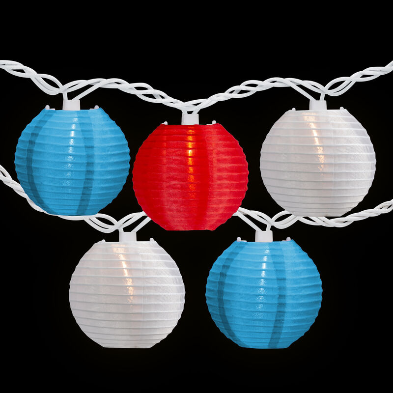 Patriotic Paper Lantern Patio Light Set - Red  White and Blue - 8.5' White Wire - 10ct