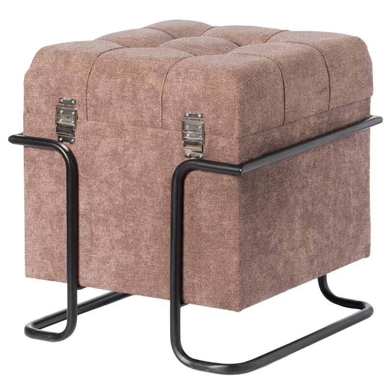 Square Fabric Storage Ottoman with Black Metal Frame, Yellow