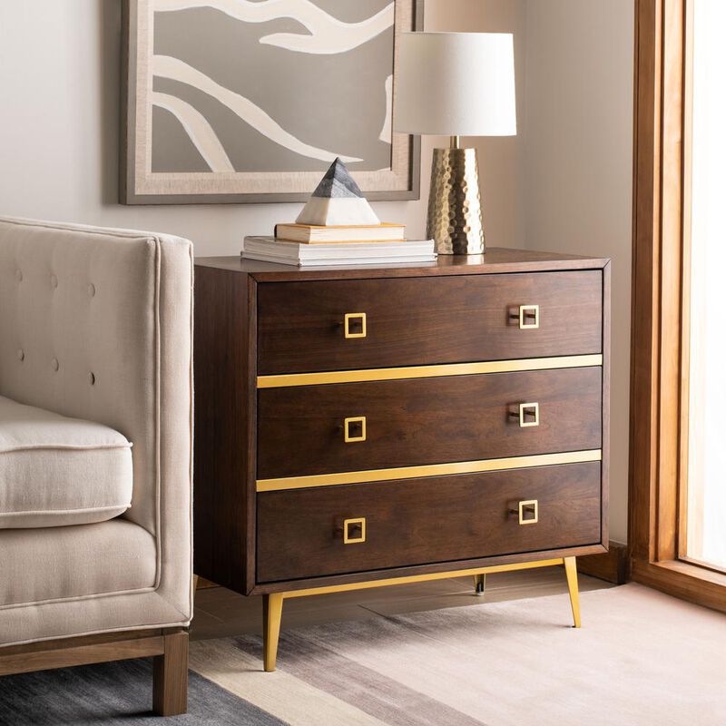 Safavieh Katia 3 Drawer Chest, Walnut/Gold