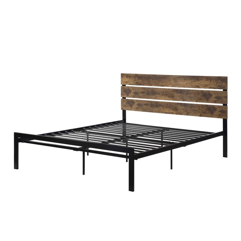 Mars Queen Platform Bed, Brown Faux Wood Slat Headboard, Black Metal Frame - Benzara
