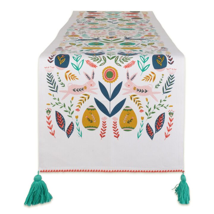 108" White Rectangular Table Runner with Easter Garden Pattern