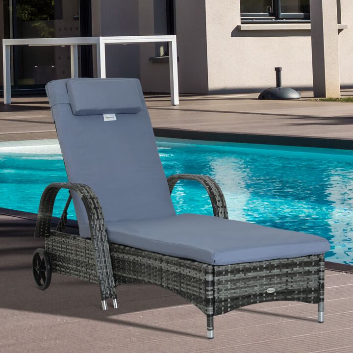 Grey Outdoor Lounger: Wicker Chaise with Adjustable Back and Wheels