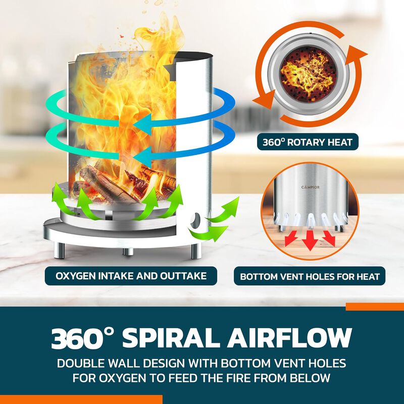 Campior Wood Burning Fire Pit Stove - Smokeless Outdoor Stove for Efficient Wood Fires, Camping, Cooking, and Garden Gatherings, Durable, Stainless Steel with Removable Ash Pan, Stand and Carry Bag