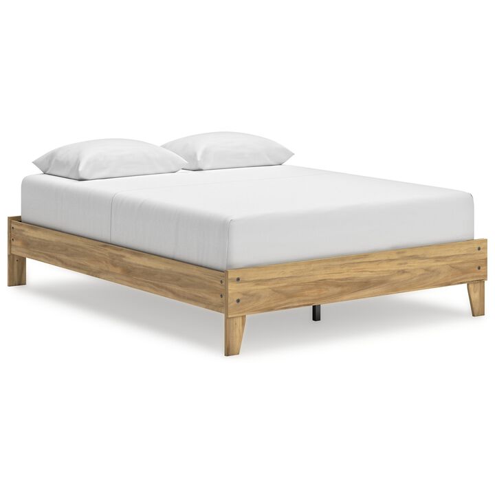 Maci Queen Platform Bed, Natural Light Brown Wood, Low Profile Legs - Benzara