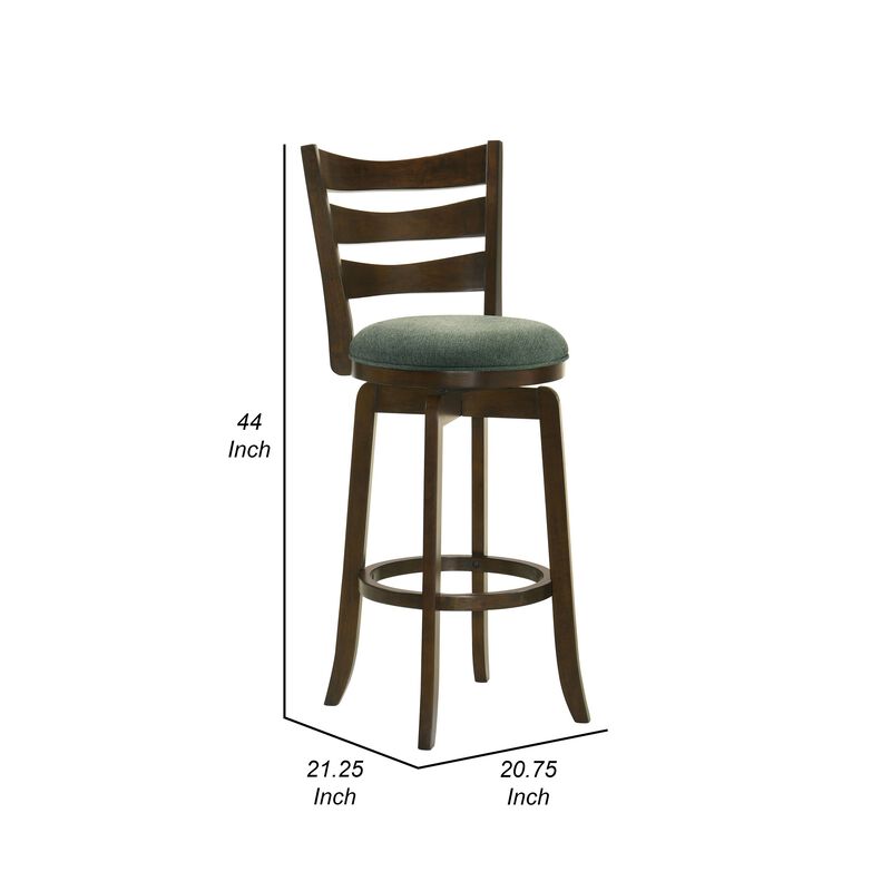 Mona Swivel Barstool Chair, Hunter Green Fabric, Dark Cherry Brown Finish - Benzara