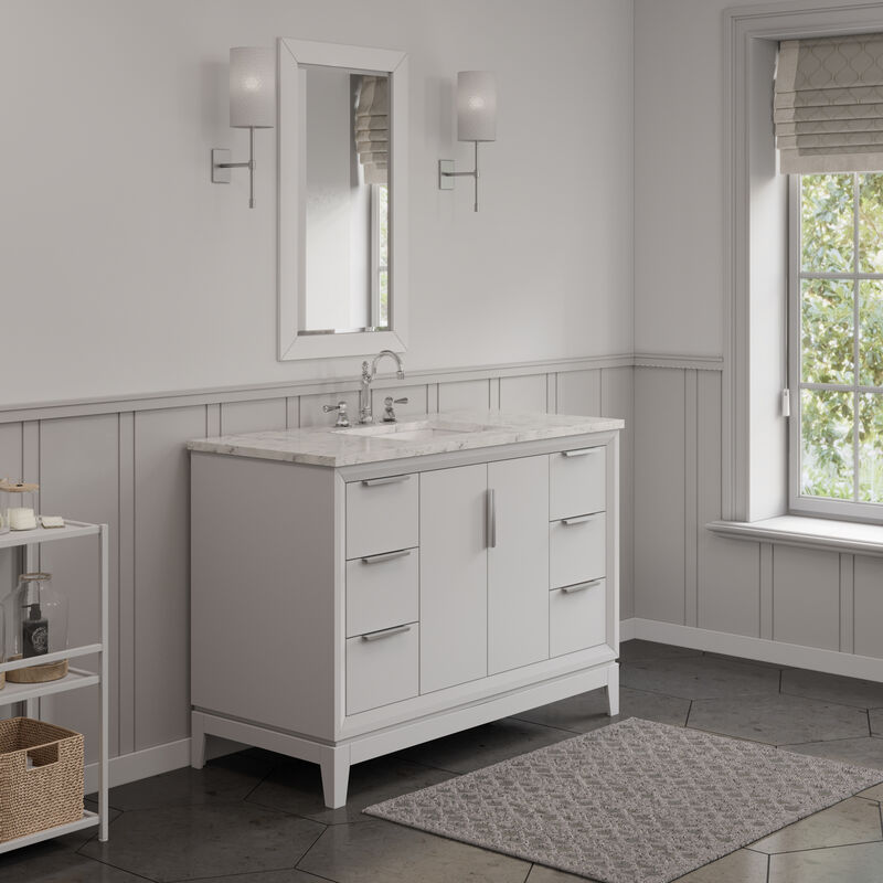 Elizabeth 48 In. Single Sink Carrara White Marble Countertop Bath Vanity In Pure White with Brushed Silver Hardware