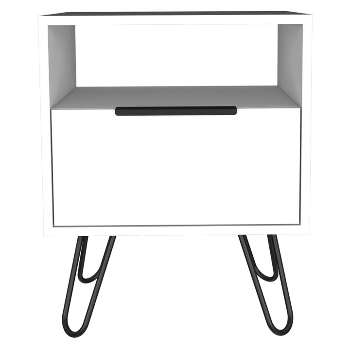 DEPOT E-SHOP Begonia Nightstand, Shelf, Single Door Cabient, Hairpin Legs, White
