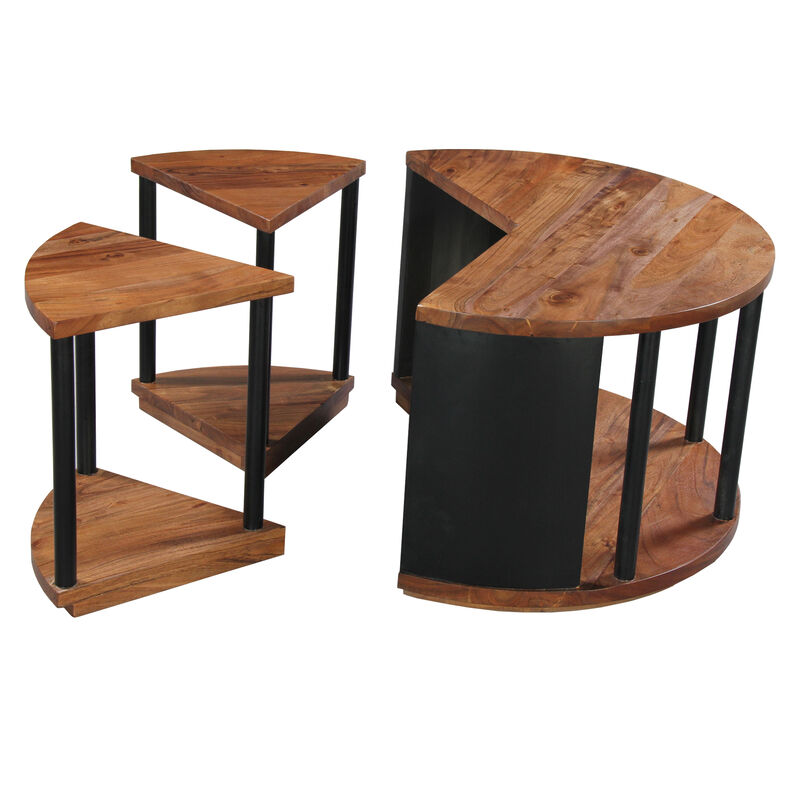 Jones 30-Inch Round Coffee Table, Handcrafted Natural Brown Acacia Wood, 3 Piece Split Design - Benzara