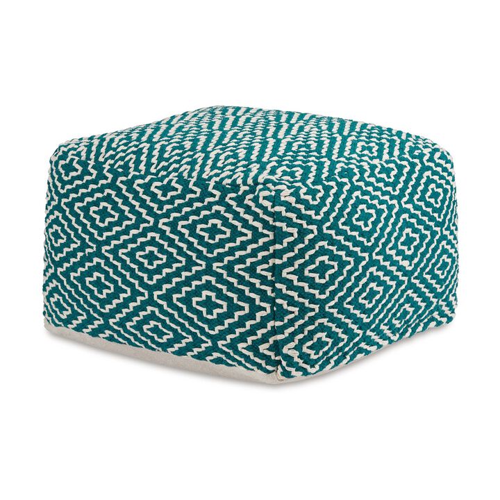 Sena 24 Inch Ottoman Pouf, Woven Pattern, Zipper Cotton Cover, Red White -