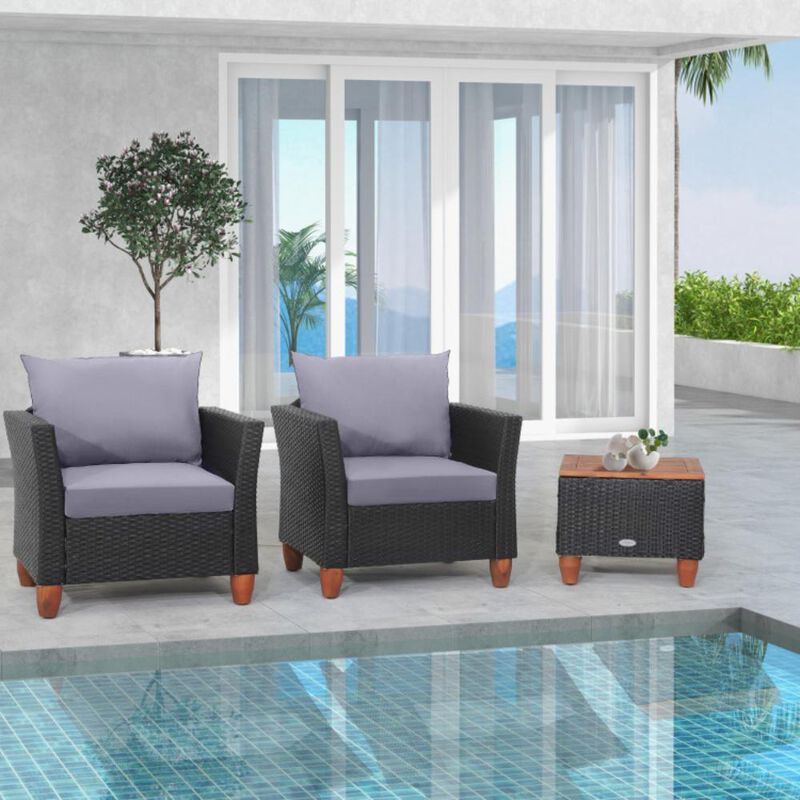 Hivvago 3 Pieces Patio Wicker Furniture Set with Cushions and Acacia Wood Coffee Table Outdoor