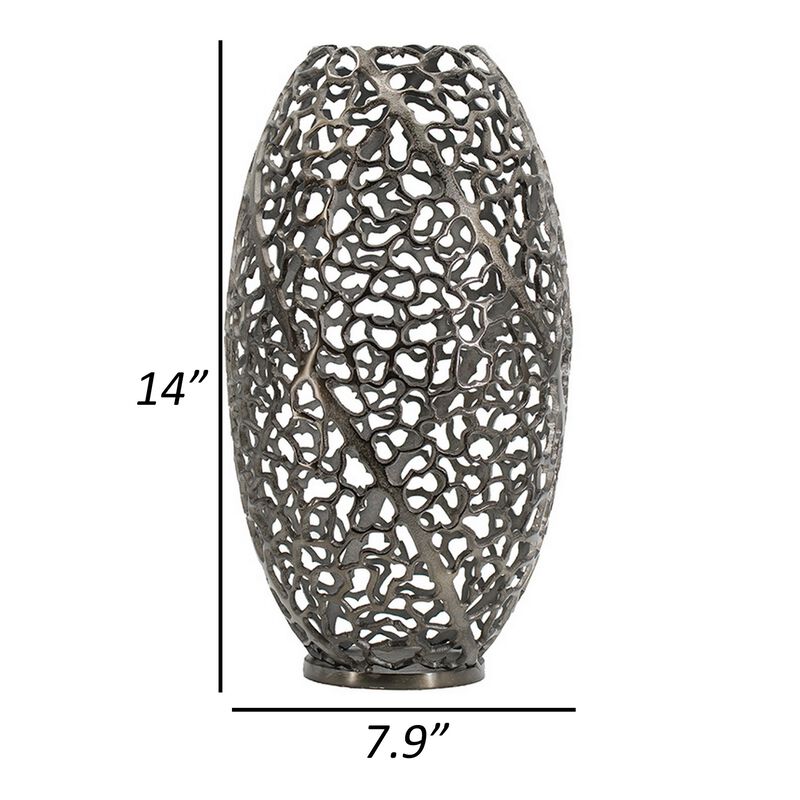 14 Inch Aluminum Accent Vase, Tall Curved Cut Out Design, Intricate Details - Benzara