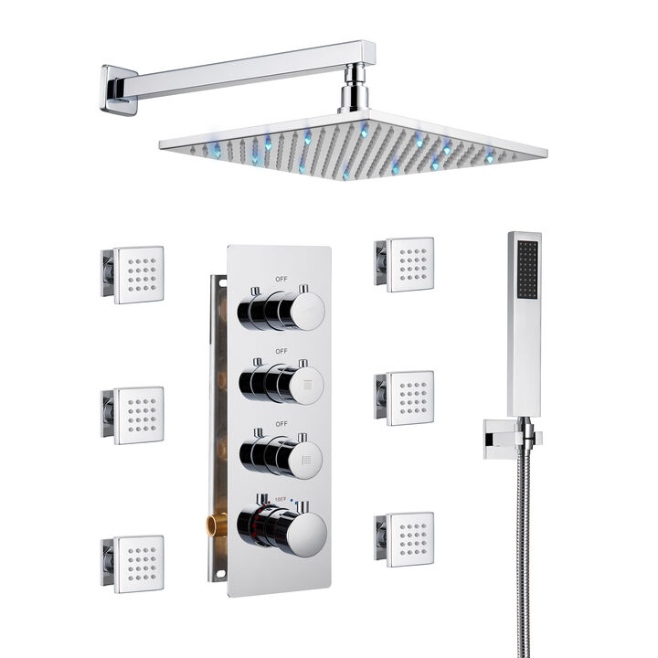 Mondawe Thermostatic LED Light 3 Functions Wall Mounted Shower System with 6 Body Jets and Rough-in Valve in Chrome