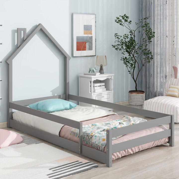 Twin Size Wood bed with House-shaped Headboard Floor bed with Fences,Light Green