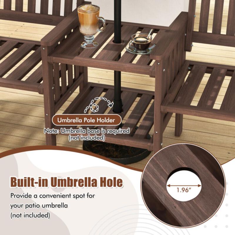 Hivvago Outdoor Fir Wood Loveseat with 2-Tier Side Table and 1.96" Umbrella Hole