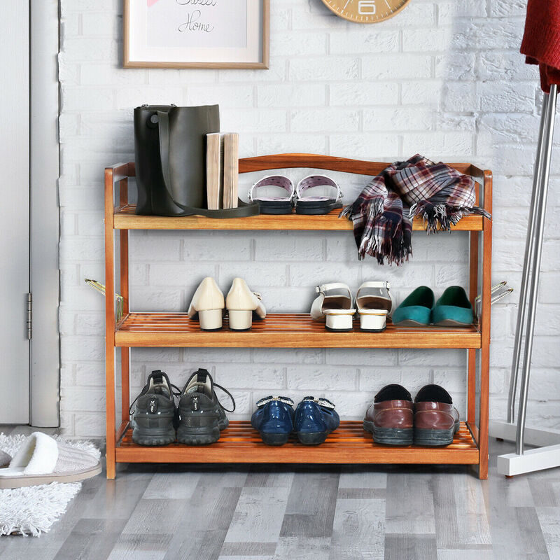 3-Tier Acacia Wood Shoe Rack with Side Metal Hooks for Easy Storage
