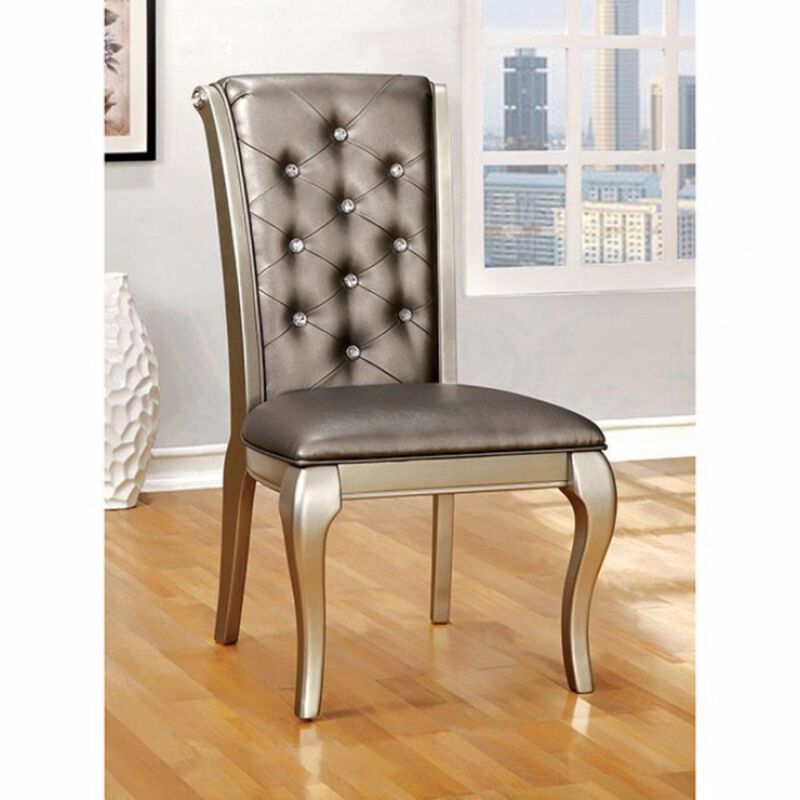 Leatherette Buttoned Side Chair with Cabriole Legs, Set of 2, Gray and Gold-Benzara