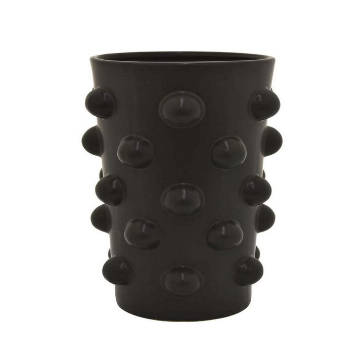 15 Inch Flower Vase, 3D Bubble Pattern, Ceramic Container, Black Finish - Benzara