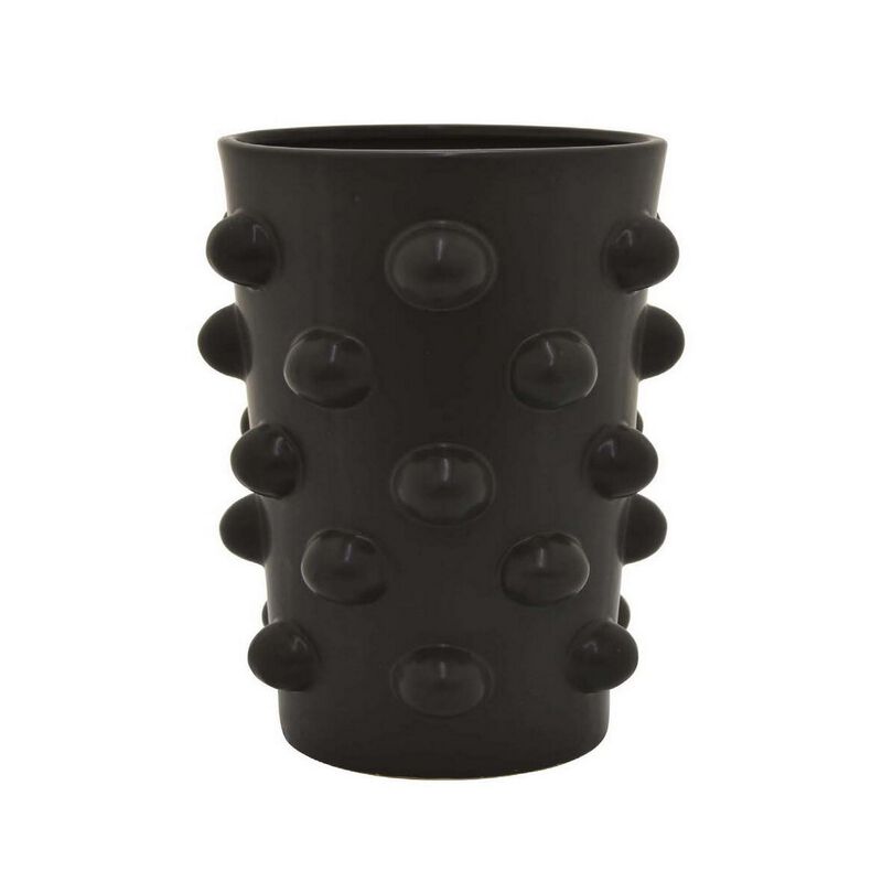 15 Inch Flower Vase, 3D Bubble Pattern, Ceramic Container, Black Finish - Benzara