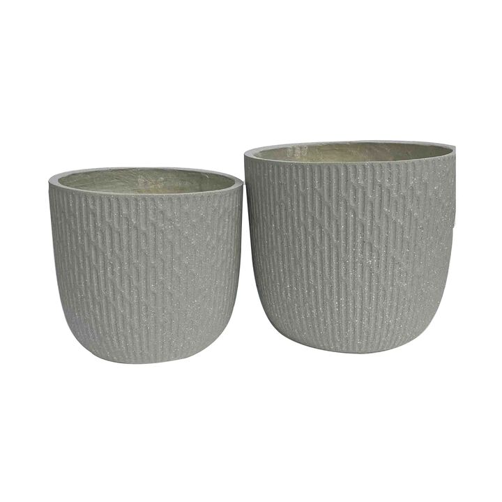 14 Inch Planter Set of 2, Drum Shape, Engraved Design, Textured Green - Benzara