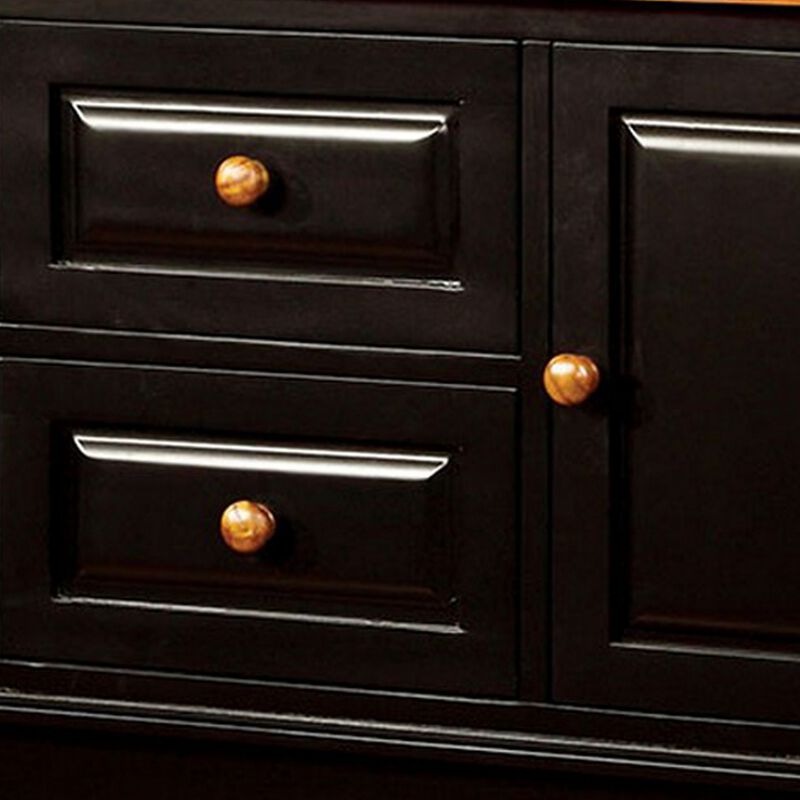 Fritz 52 Inch Server, 2 Cabinets, 2 Drawers, Black, Oak Brown, Turned Legs - Benzara