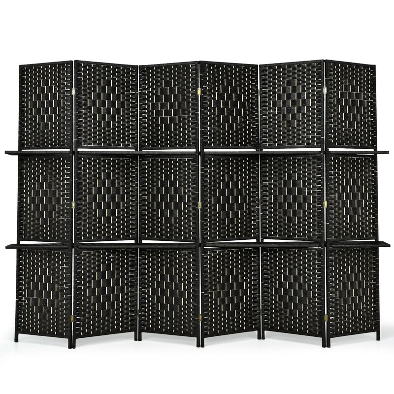 6 Panel Folding Weave Fiber Room Divider With 2 Display Shelves
