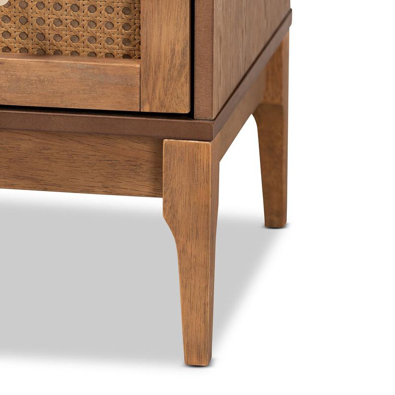 Baxton Studio Ramiel Mid-Century Modern Ash Walnut Finished Wood and Rattan 4-Drawer Chest
