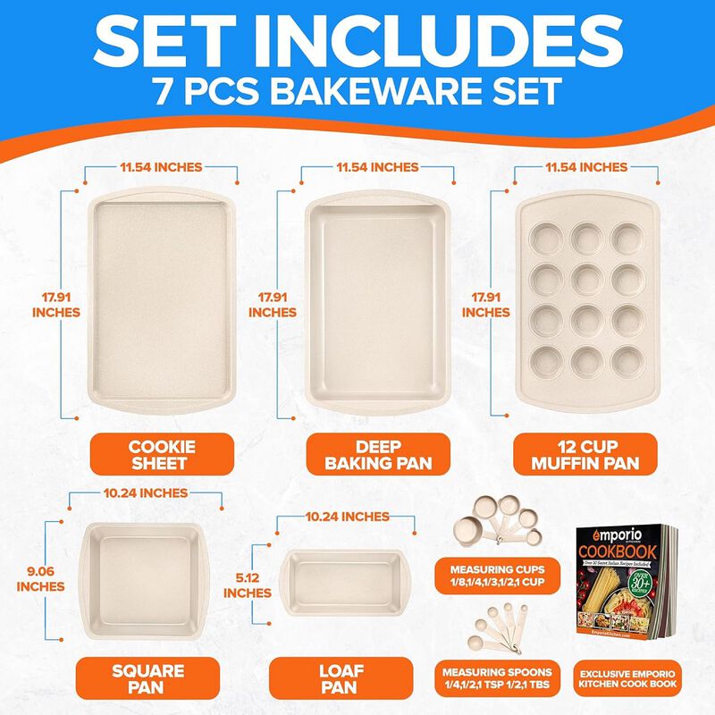 Stackable Baking Pan Set - Deluxe Nonstick White Marble Coating, Carbon Steel Bakeware Sets, PFOA, PFOS, PTFE Free, Recipe Booklet Included, Oven Safe (Up to 450°F), Set of 7 - White