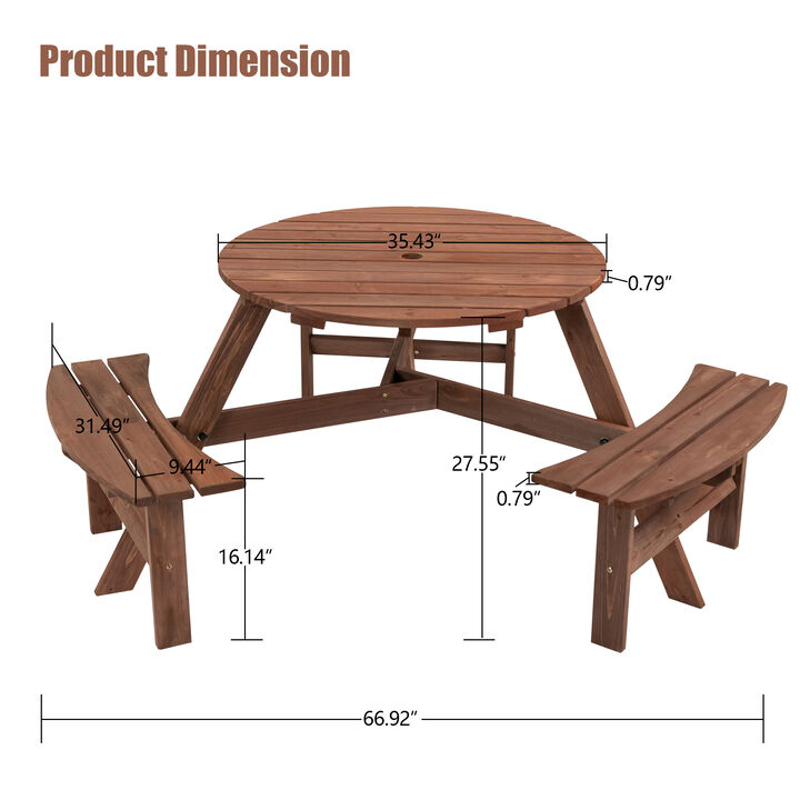 6-Person Outdoor Circular Picnic Table Patio Dining Set with 3 Built-in Benches for Backyard & Garden