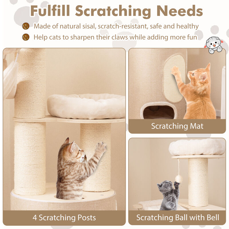 Tall Wooden Cat Tower Tree with 2-Story Cat Condo and Washable Cushions
