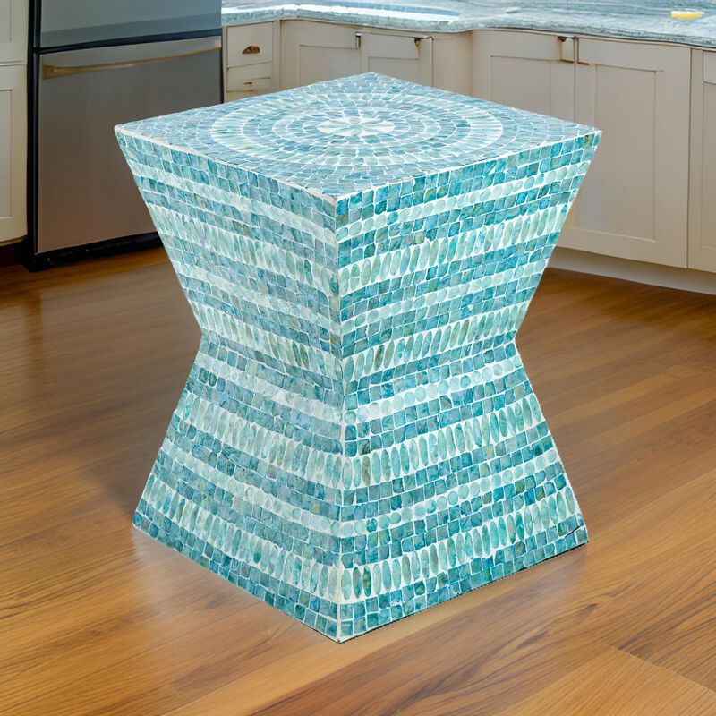 14 Inch Capiz Accent Table Stool, Blue Mosaic Geometric Hourglass Shape - Benzara