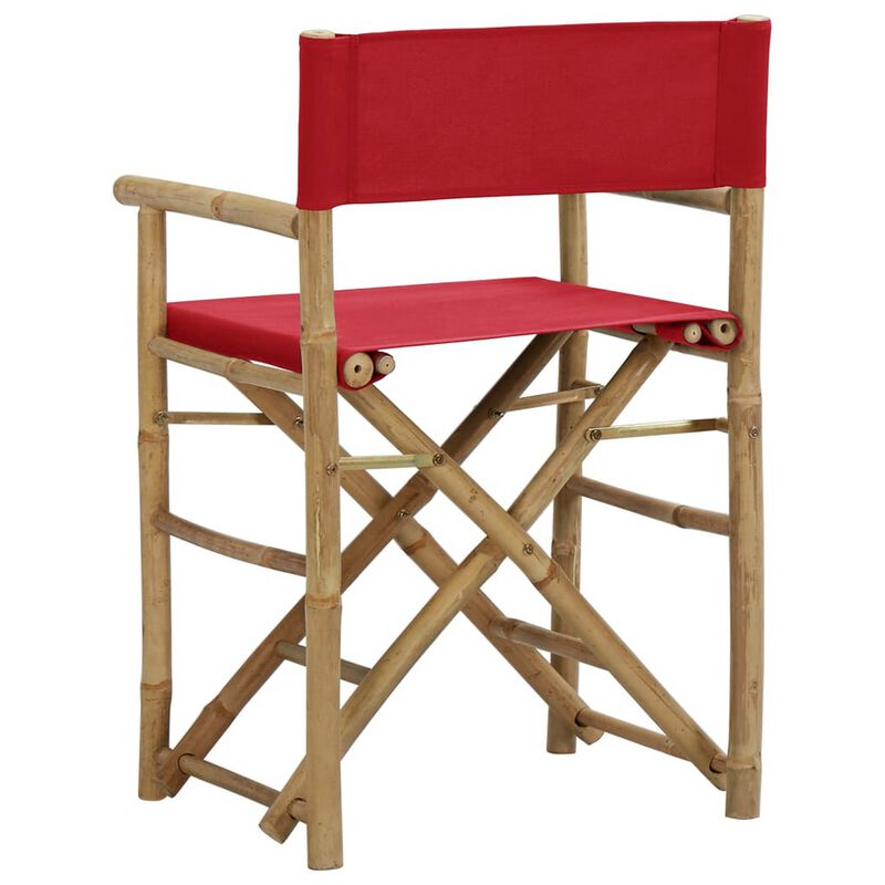 Outdoor Foldable Accent Chair Set of 2, Red Fabric, Brown Bamboo - Benzara