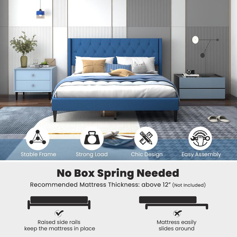 Queen Size Upholstered Platform Bed with Button Tufted Wingback Headboard-Blue