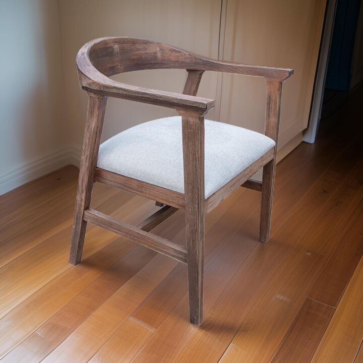 Kohl Armchair, Handcrafted Brown Wood Frame, Curved, White Upholstered Seat - Benzara