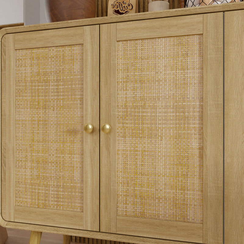 FUFU&GAGA Rattan Sideboard, Modern Buffet Cabinet with 4 Doors, Gold Handles & Solid Wood Legs, Storage Cabinet for Dining Room, Living Room & Entryway (55.1" W x 32.1" H x 13.9" D), Natural Wood