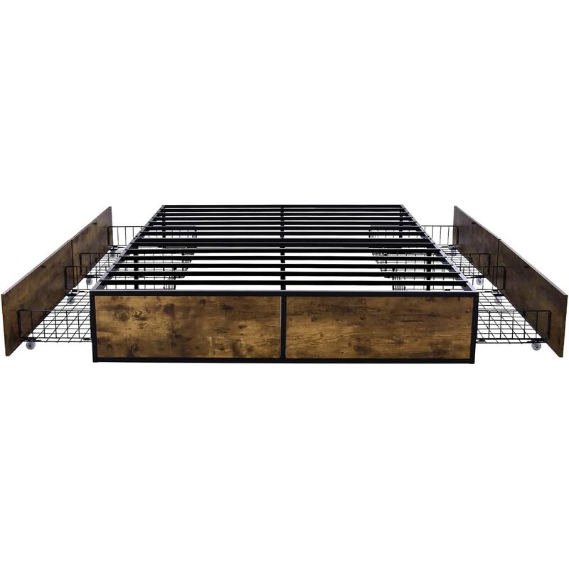 QuikFurn Full Metal Wood Platform Bed Frame with 4 Storage Drawers - 600 lbs Max Weight