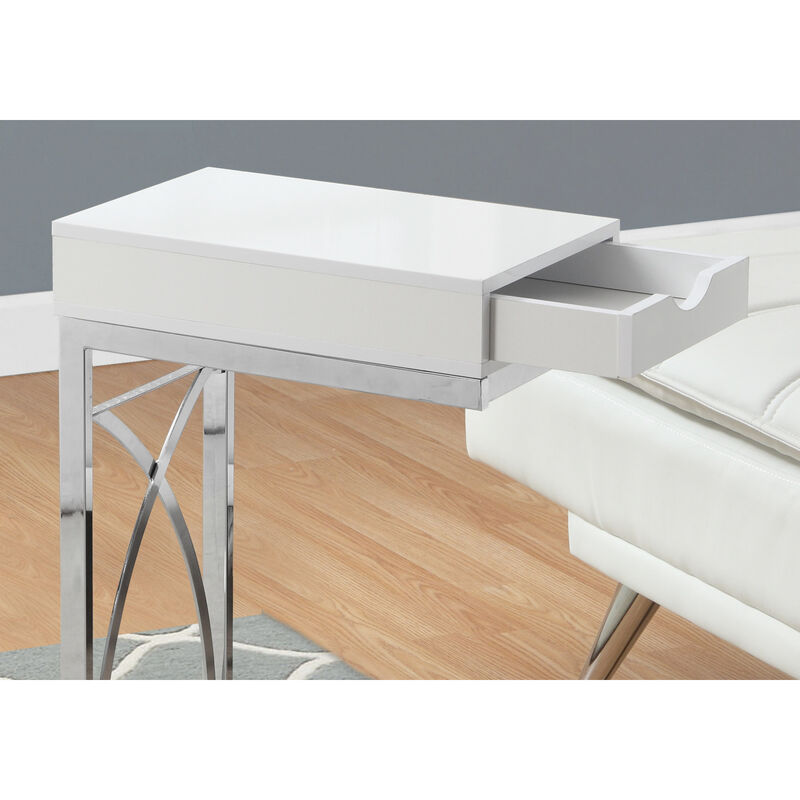 Monarch Specialties I 3170 Accent Table, C-shaped, End, Side, Snack, Storage Drawer, Living Room, Bedroom, Metal, Laminate, Glossy White, Chrome, Contemporary, Modern