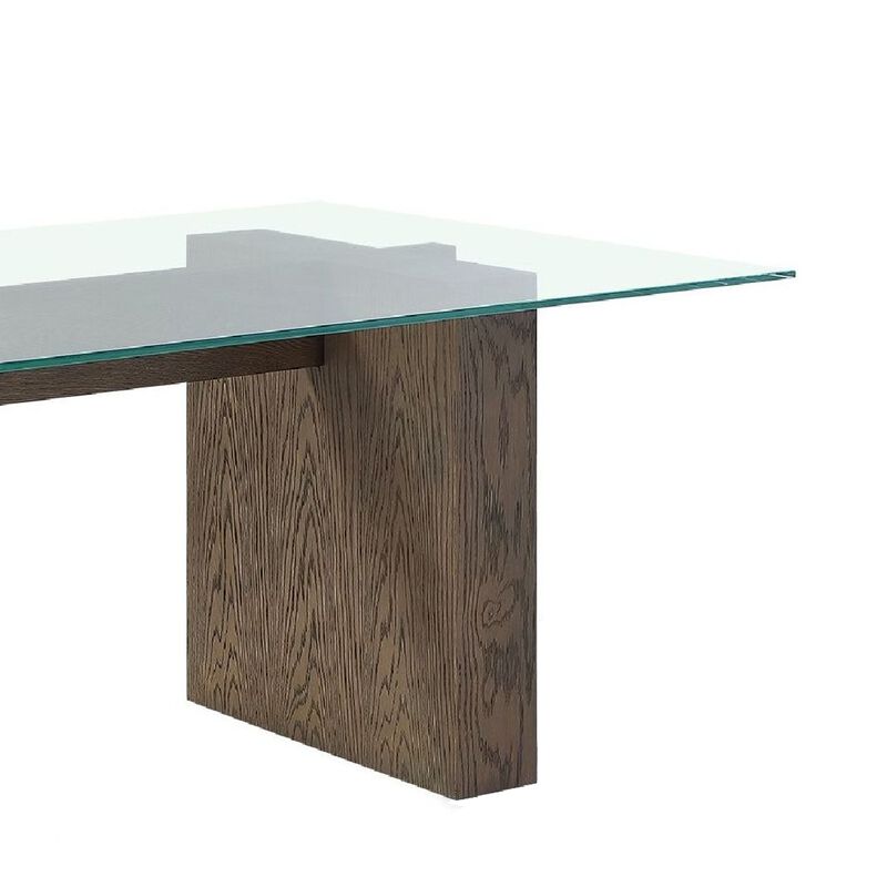 Lan 80 Inch Dining Table, Glass Top, Wood Double Pedestal, 6 Seater, Brown - Benzara