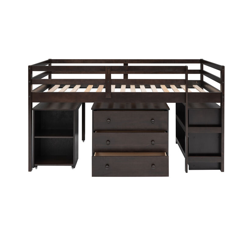 Low Study Twin Loft Bed With Cabinet And Rolling Portable Desk