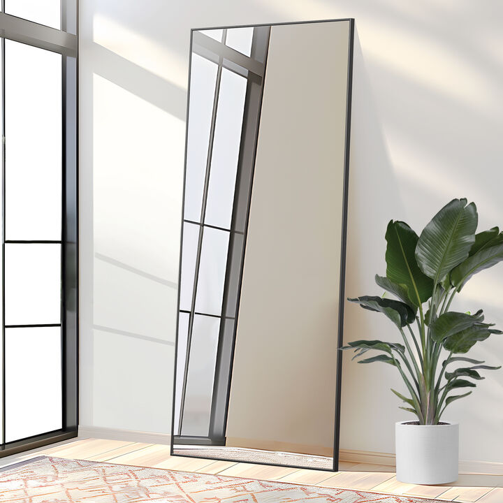 79*35 Modern Black Rectangle Metal Framed Full-length Mirror with Stand