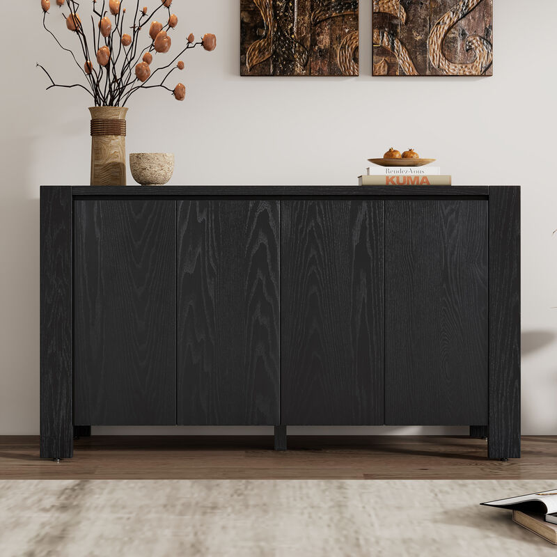 Clihome Buffet Cabinet with Storage, 4-Door Retro Wood Sideboard with Distressed Finish and Adjustable Shelves for Dining Room, Kitchen, and Living Room (Black)