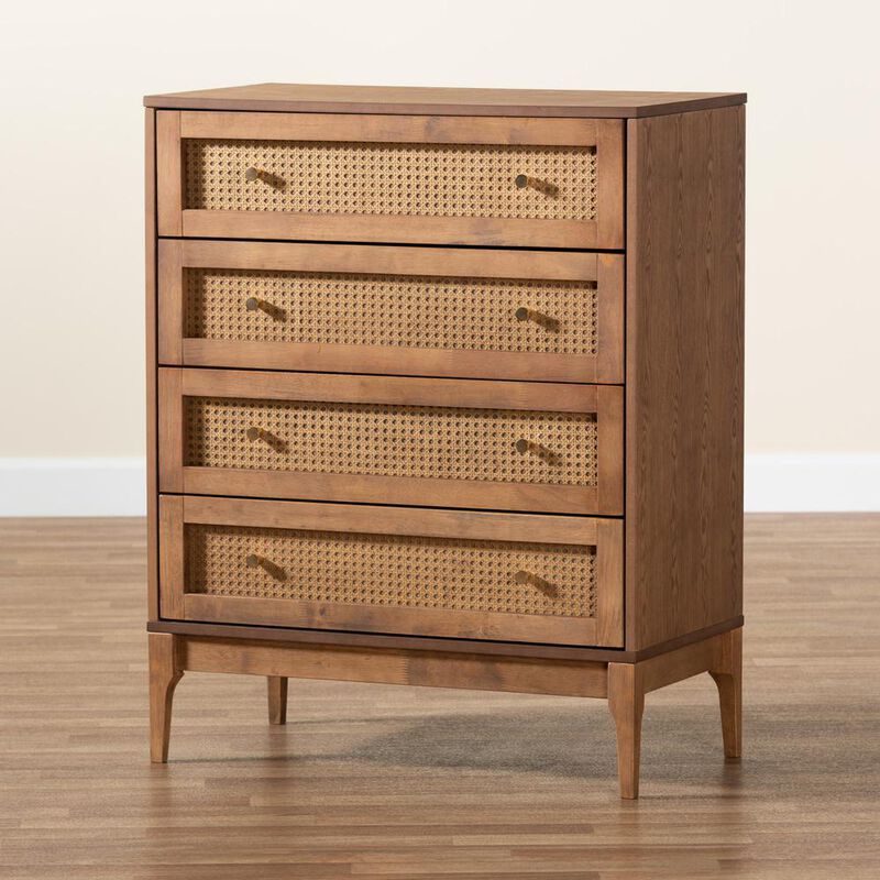 Baxton Studio Ramiel Mid-Century Modern Ash Walnut Finished Wood and Rattan 4-Drawer Chest