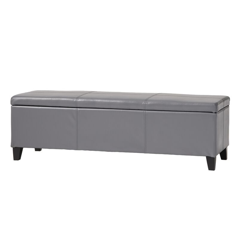 Elias Storage Ottoman Bench, Gray Faux Leather, Stitch Detail, 51 Inch -Benzara