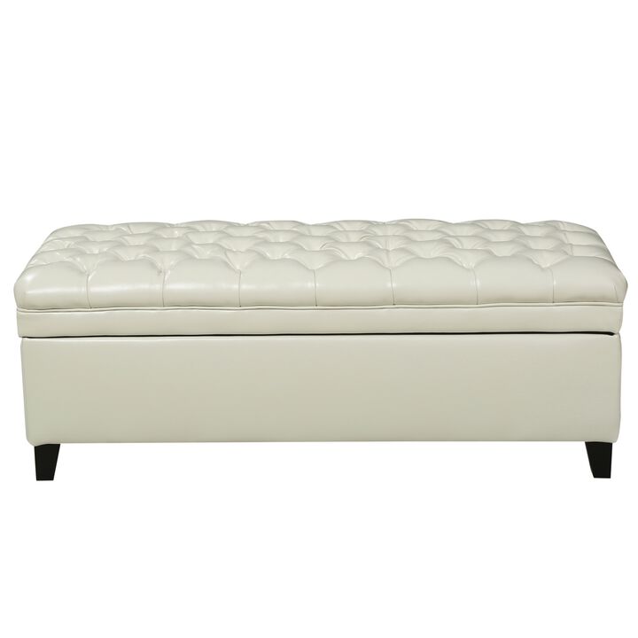 Rhya Storage Ottoman Bench, Ivory Faux Leather, Brown Wood, 50 Inch -Benzara