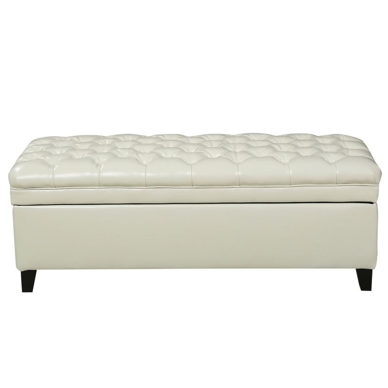 Rhya Storage Ottoman Bench, Ivory Faux Leather, Brown Wood, 50 Inch -Benzara