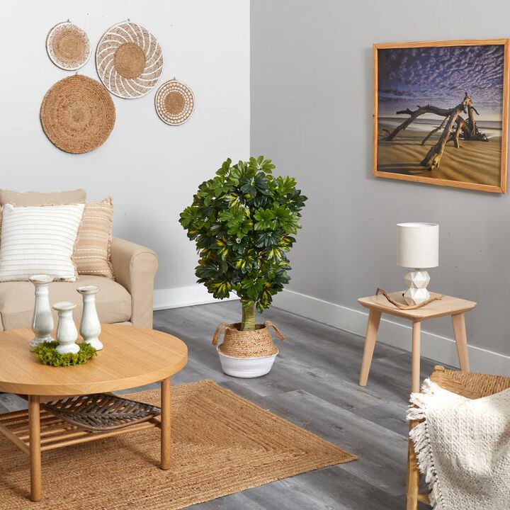 Hivvago 4 Feet Schefflera Artificial Tree in Boho Chic Handmade Cotton & Jute White Woven Planter (Real Touch)