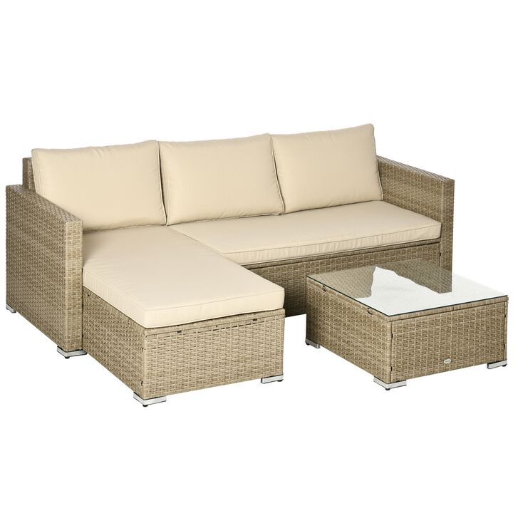 Khaki Outdoor Seating: 3pc Compact Wicker Sectional Set with Storage Table