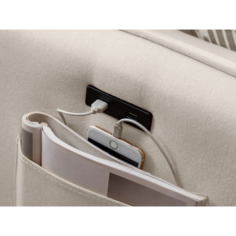 Ranon 70 Inch Sectional Chaise Sofa, USB Charging Port, Side Pocket, Beige-Benzara