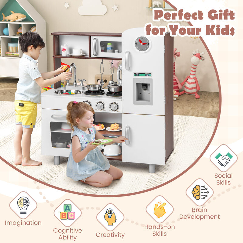 Kids Kitchen Playset with Realistic Sounds and Lights-Brown & White