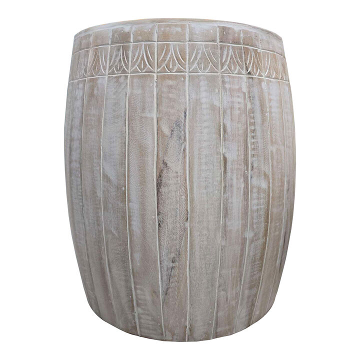 Serenity Barrel Side End Table with 18 Inch Round Top, In Antique White Mango Wood
