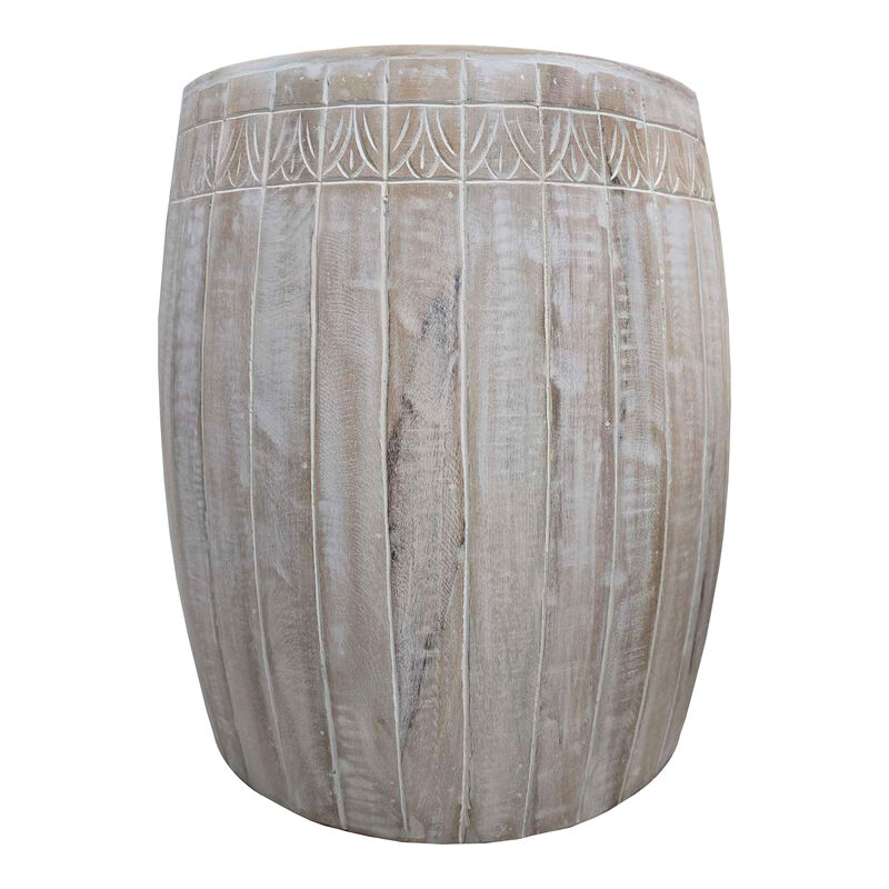 Serenity Barrel Side End Table with 18 Inch Round Top, In Antique White Mango Wood